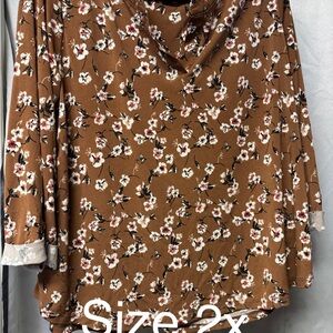 Floral Cowl Neck Women’s Top in Brown - Size 2X